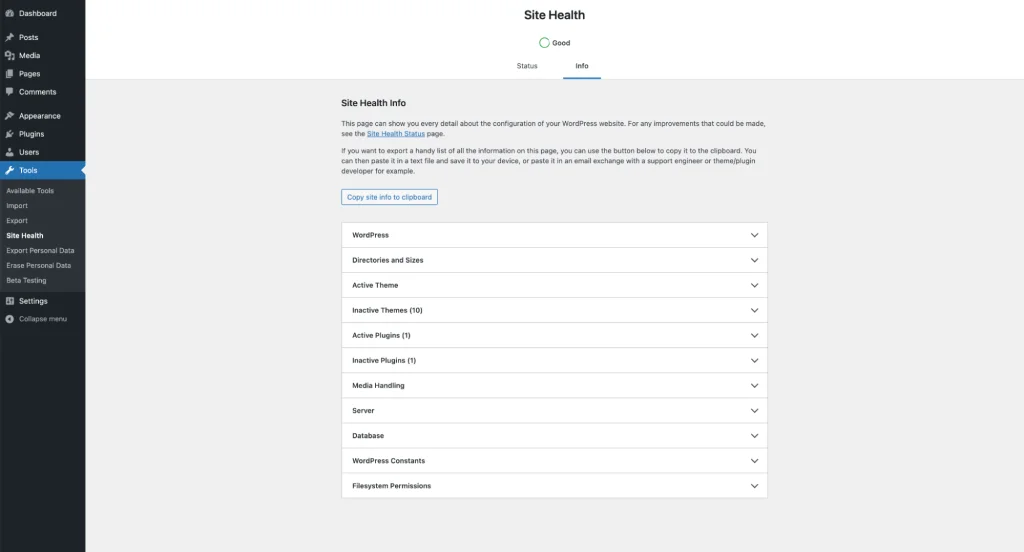 Écran officiel Informations de Santé du site dans WordPress