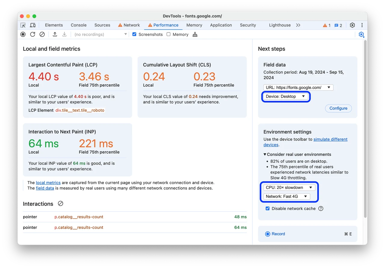 Documentation screenshot of Chrome Performance and test conditions
