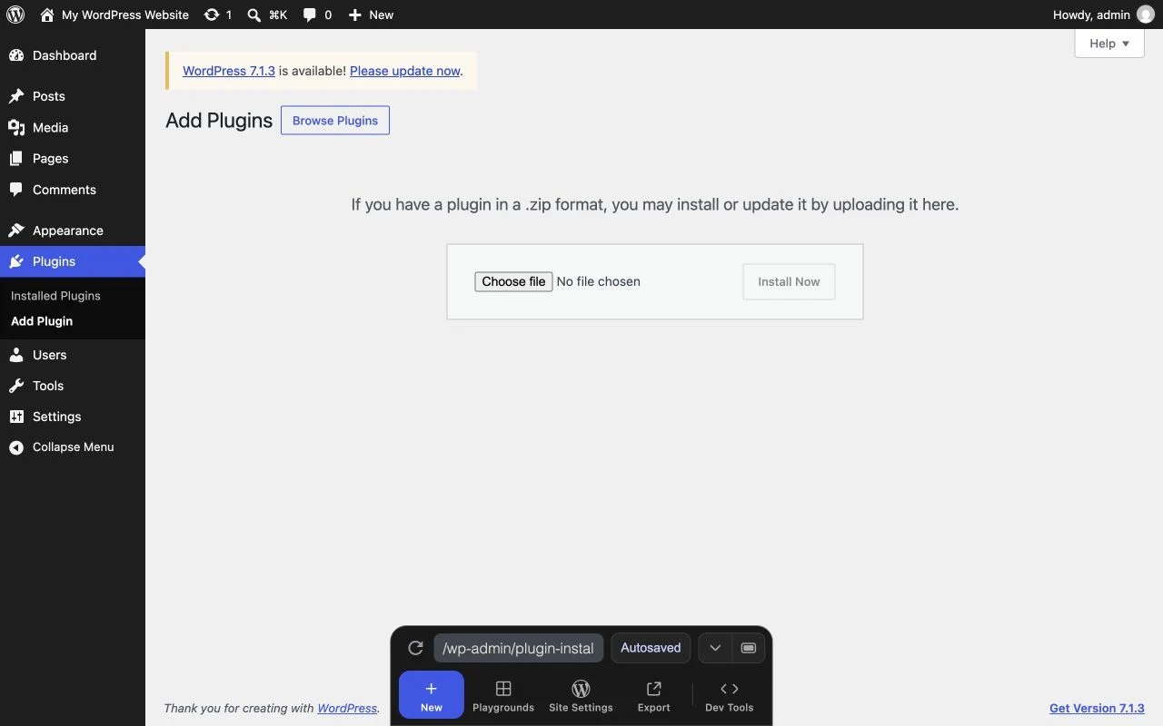 Real WordPress plugin ZIP upload screen