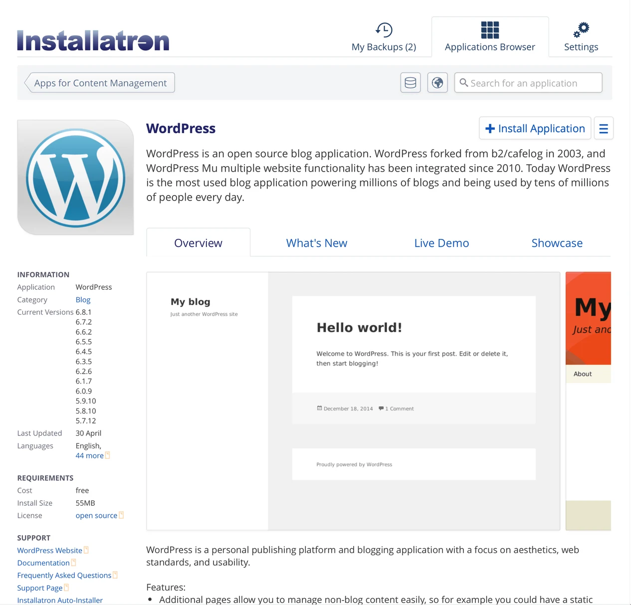 Capture officielle du catalogue Installatron : WordPress et bouton d’installation